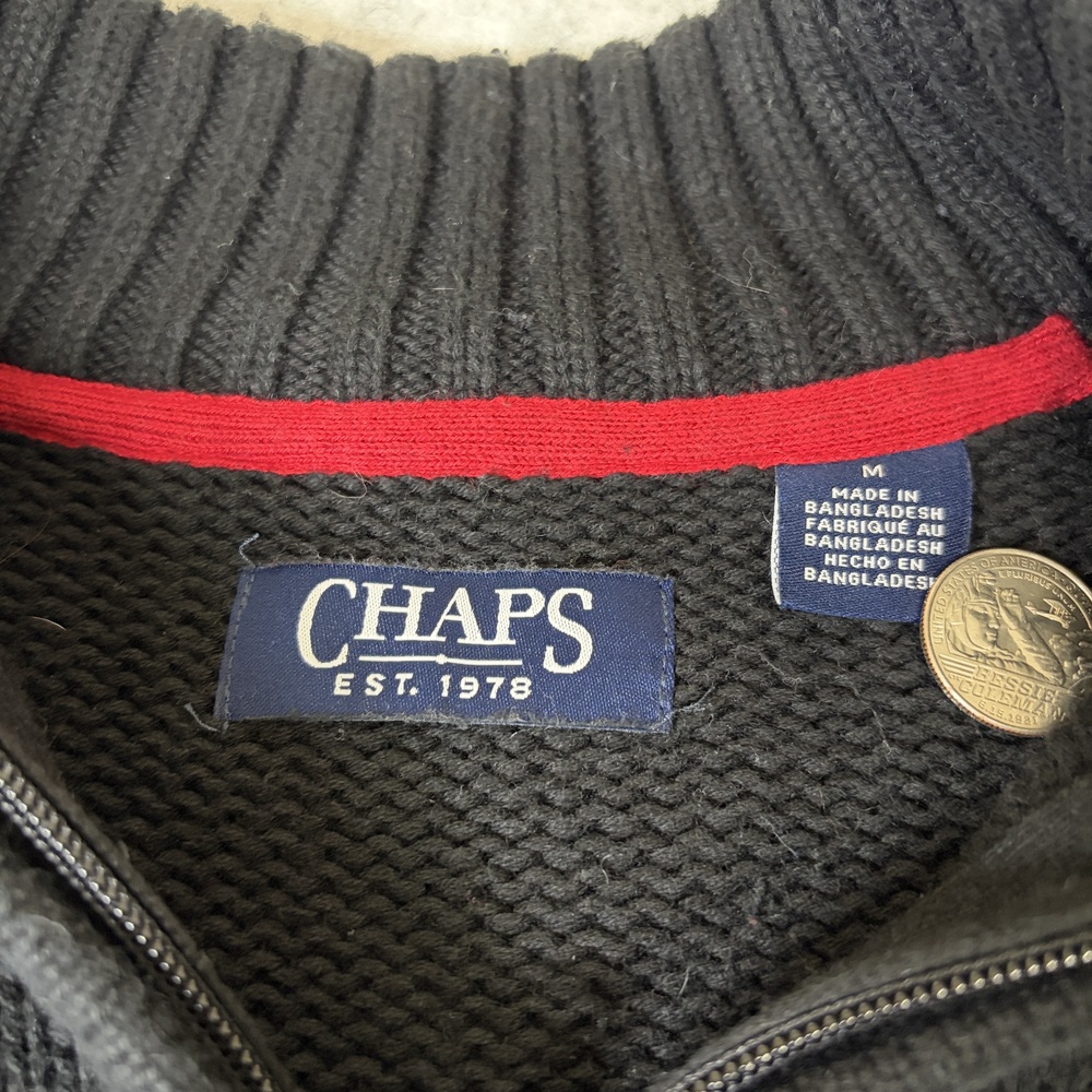 Chaps Men’s Black Knit Quarter Zip 1/4 Sweater Size M Winter Pullover Patterned - Picture 3 of 7